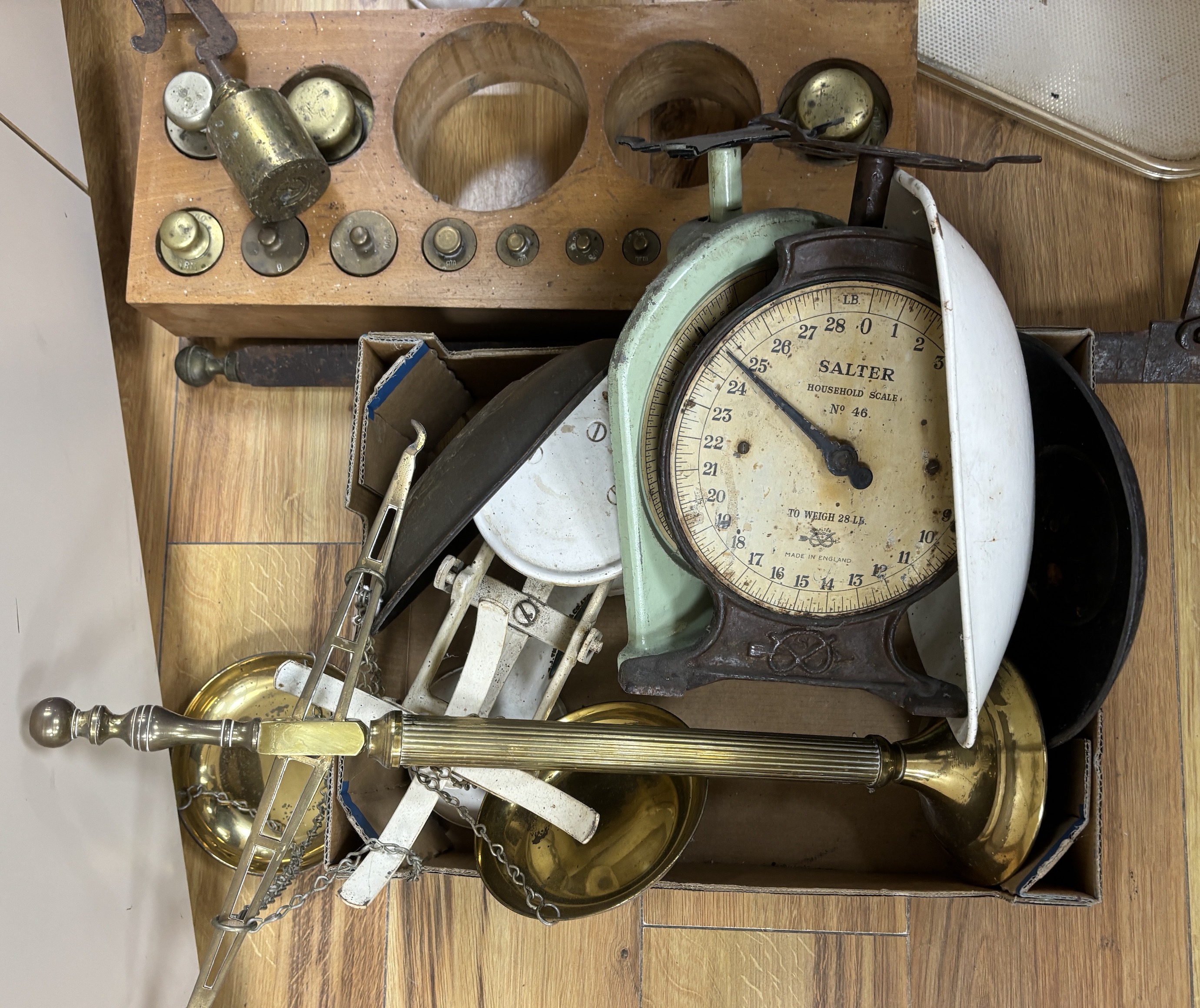 A large graduated part set of weights in wooden stand and other scales and steelyard, wooden base 47cm wide
